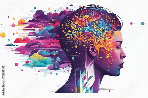 Colorful artistic illustrations that represent the brain and conscious with woman face. Mental health concept. photo