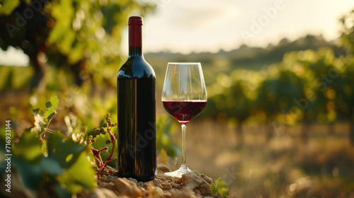 Generative AI, red wine bottle mock up with wine glass on vineyard landscape in the sunshine, copy space and place for logo 