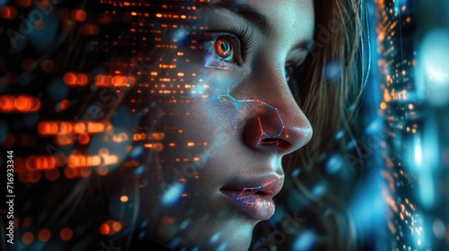 The captivating face of a woman immersed in a digital tapestry