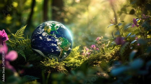 The Earth globe amidst a sanctuary of thriving environmental vitality