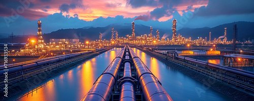 pipe line connection in oil refinery, oil refinery and industrial infrastructure ,
 energy transportation and fluid transport in petrochemical industry, process piping industrial concepts