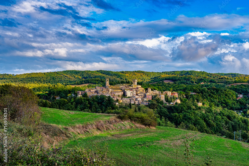 Panoramic view over the entire town of San Casciano dei Bagni Siena Tuscany Italy