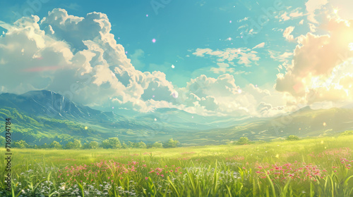 Beautiful Green Savanna or green field with sunny day anime background, cloud background landscape view with beautiful day sky on sunny weather flowers and mountains, beautiful panorama with surrealis photo