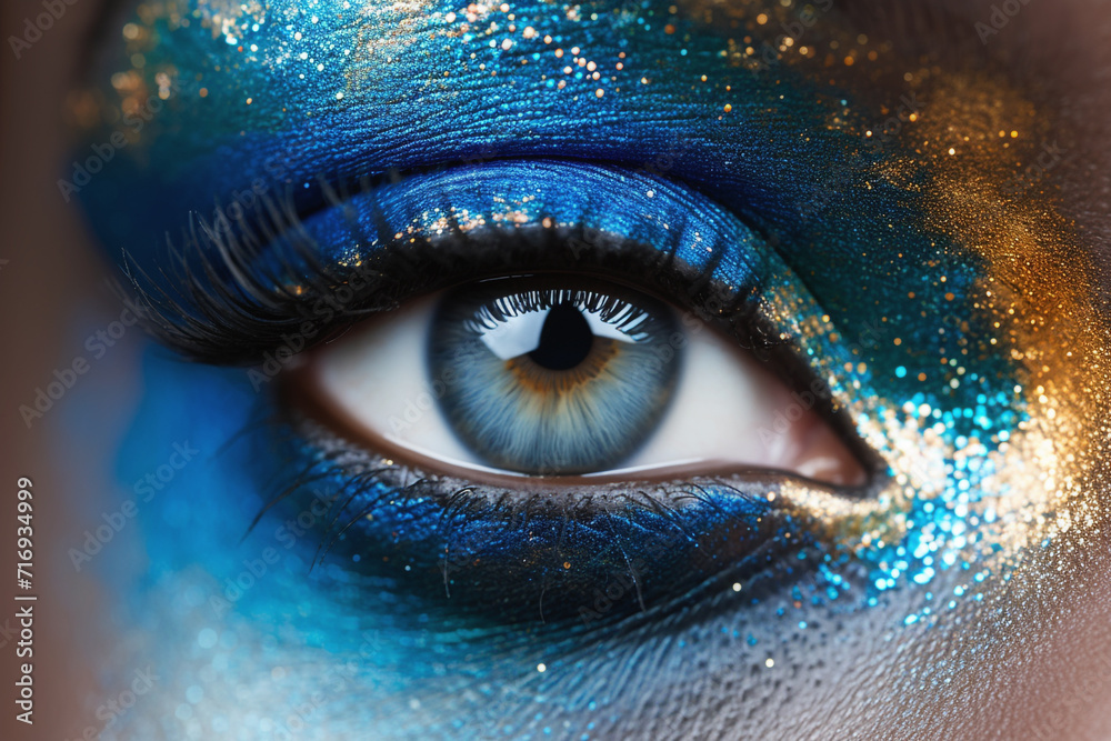 A close-up of a human eye with artistic blue and gold makeup. - obrazy, fototapety, plakaty 