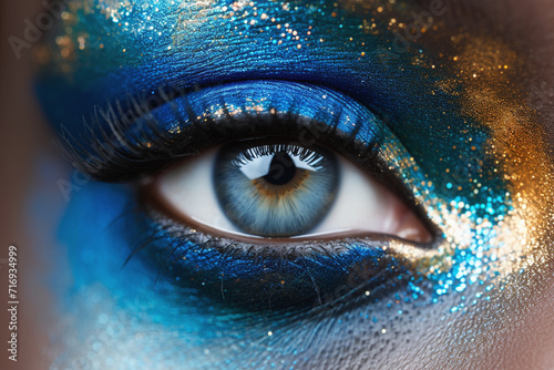 A close-up of a human eye with artistic blue and gold makeup. #716934999