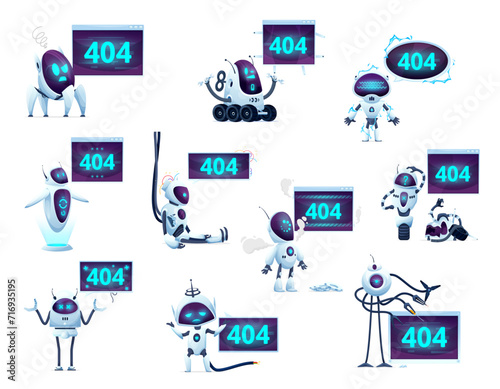 404 page with cartoon screens, robots and droids for website error, vector symbols of broken android. 404 error or web page not found, oops website service maintenance screens with robots and droids