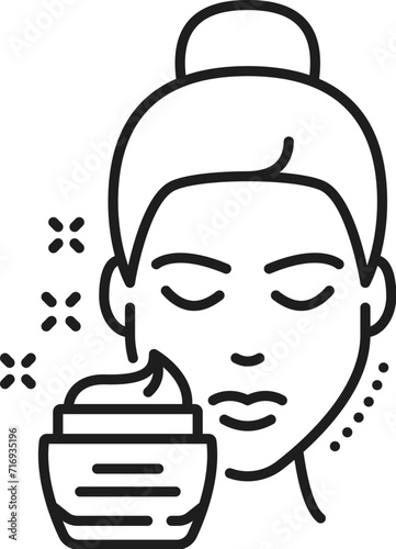 Face skin moisturizing cream, skincare cosmetology and mesotherapy icon. Face skin health, facial cosmetics product or dermatology skincare moisturizing, night or sunscreen cream thin line vector icon