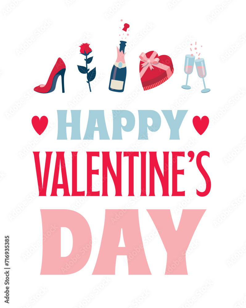 Happy Valentine's Day. Modern typography art background. Vector illustration on a white background. Bundle of romantic icons.