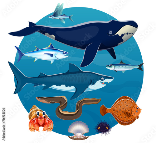 Cartoon sea animals and fishes of ocean world with big whale, shark and seashell, vector poster. Ocean exotic flying fish, tuna with herring, pearl shell and flounder with eel and sea urchin