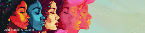Vibrant digital art banner with profiles of diverse women in a multicolored  abstract style  copy space. Concept of movement for gender equality  women empowerment  march 8 