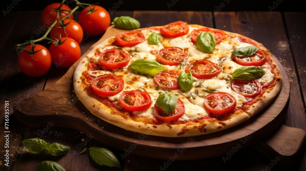 Delicious mouth-watering cheese pizza with tomatoes and herbs on a wooden table in a home kitchen. Italian food restaurant. Side view.