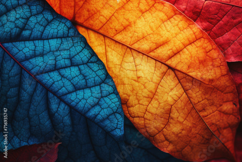 A vibrant  colorful autumn leaf pattern in macro  closeup detail with rich texture and depth of color