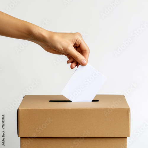 A woman puts a ballot in the ballot box. The concept of civilized equality. A woman's hand drops a ballot into a ballot box on a light background