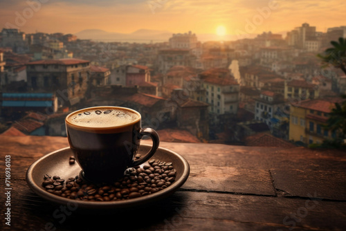 Espresso Coffee Cup with Beans on a Vintage Table with a View of a Cityscape