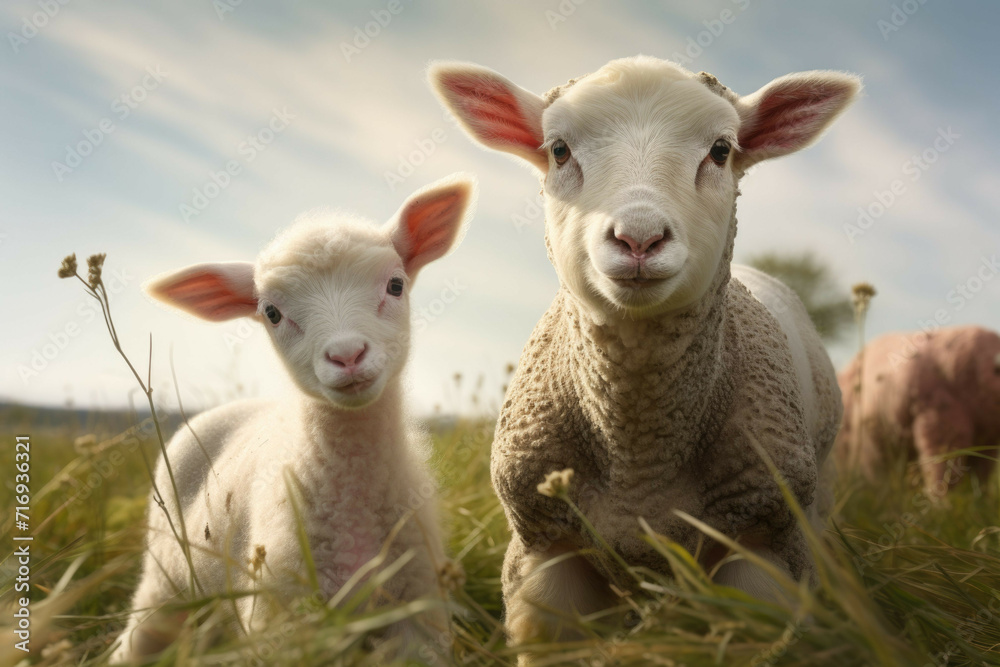 A sheep and a lamb standing in a meadow looking at the camera