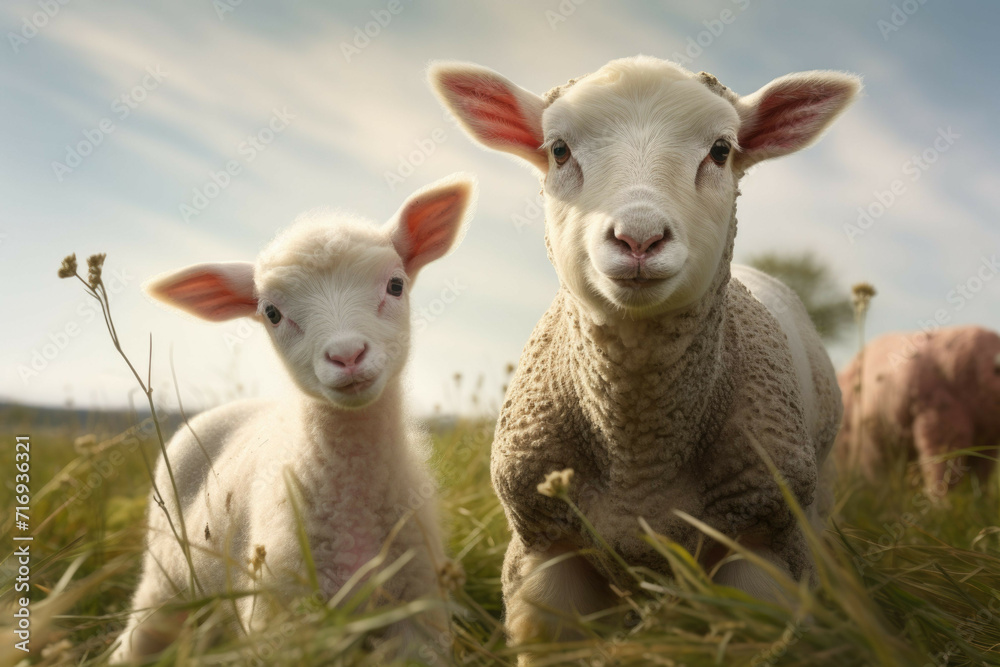 A sheep and a lamb standing in a meadow looking at the camera A sheep and a lamb standing in a meadow looking at the camera