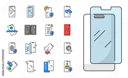 Smartphone glass protection and insurance icons, mobile phone screen repair service, vector line symbols. Smartphone glass protection form water and scratch, protective case for mobile phone