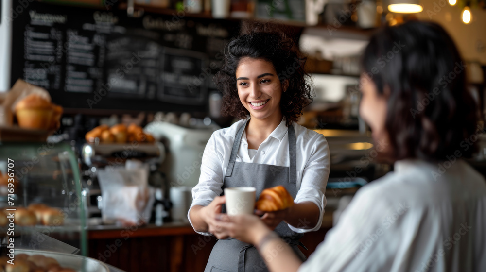 cheerful barista with curly hair is handing over a cup of cappuccino cheerful barista with curly hair is handing over a cup of cappuccino