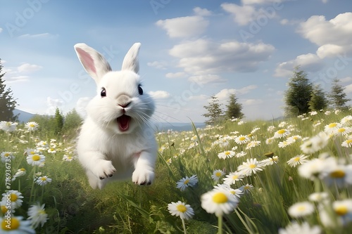 A cute white rabbit runs through a green meadow, young grass and flowers against a blue sky background. A cheerful bunny on a summer day.