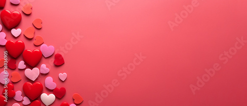 Pink Mix Red Background with Red Hearts at the left frame - Flat Lay Composition, Love Celebration, Romantic Atmosphere, Valentine Day Concept Background