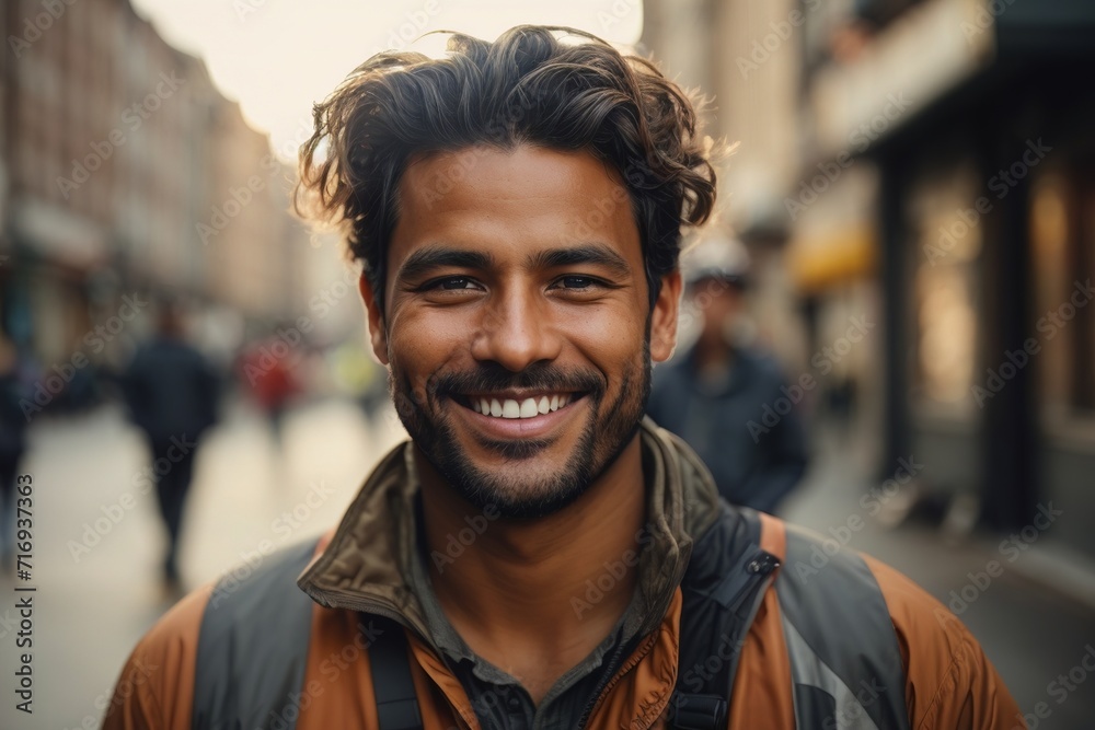 Portrait of handsome smiling young worker in autumn street background. AI generated Portrait of handsome smiling young worker in autumn street background. AI generated