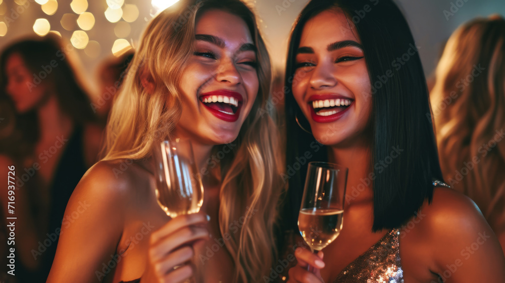 two women sharing a joyful moment with a glass of champagne at a festive event