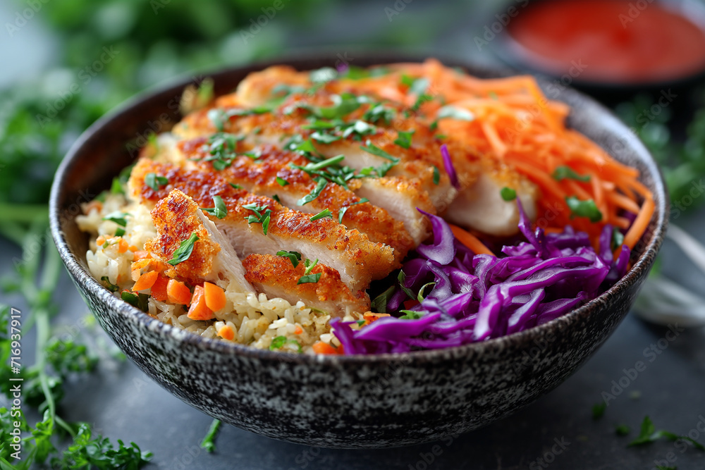 Bowl of prepared salad with rice, chicken, white and red cabbage. Bowl of prepared salad with rice, chicken, white and red cabbage.