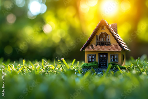 Small model home on green grass with sunlight abstract background 