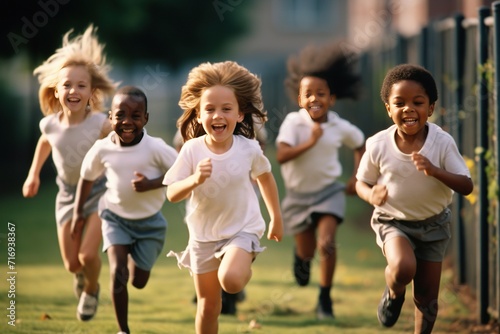 group of children running at school