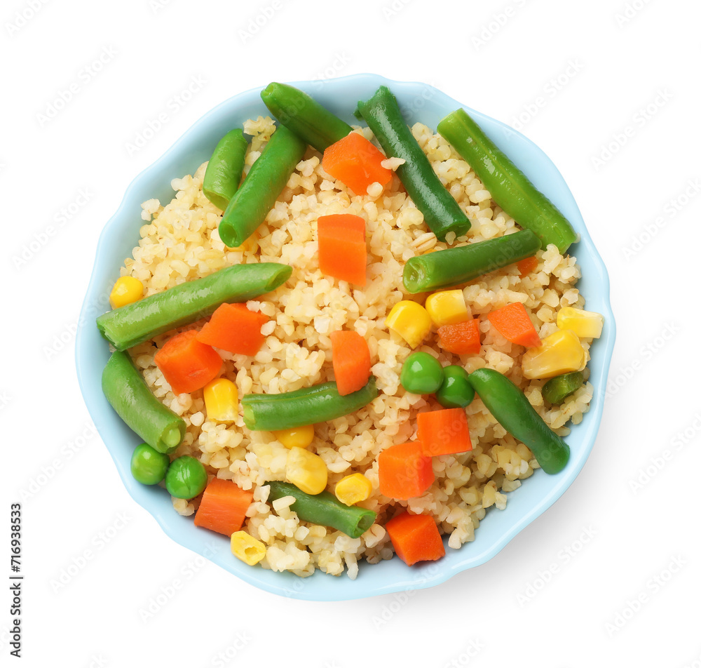 Delicious bulgur with vegetables in bowl isolated on white, top view Delicious bulgur with vegetables in bowl isolated on white, top view