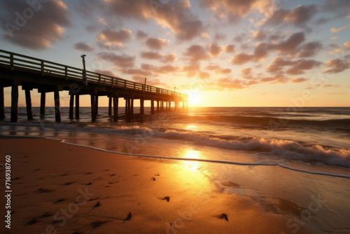 a beach with a pier stretching out into the ocean, with the sun setting in the background
