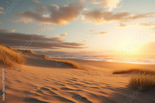 a beach with sand dunes stretching out into the horizon, with the sun setting in the background