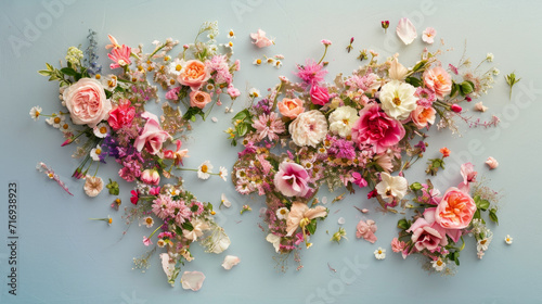 Map of the world made from beautiful fresh flowers on a blue minimal background. Clean world natural creative concept
