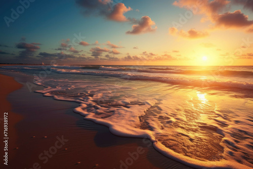 a tranquil beach at sunset, with the sun setting in the distant horizon, the waves gently rolling onto the shore, and the sand glimmering in the golden light