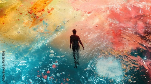 Surfer in the sea with colorful splashes