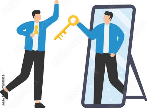Unlock true potential, Your ideal self to success in career or business, Secret mind or skill to solve problem, Holding golden key about to unlock

