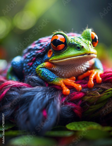 A photo of colorful frog woven with yarn Generative AI