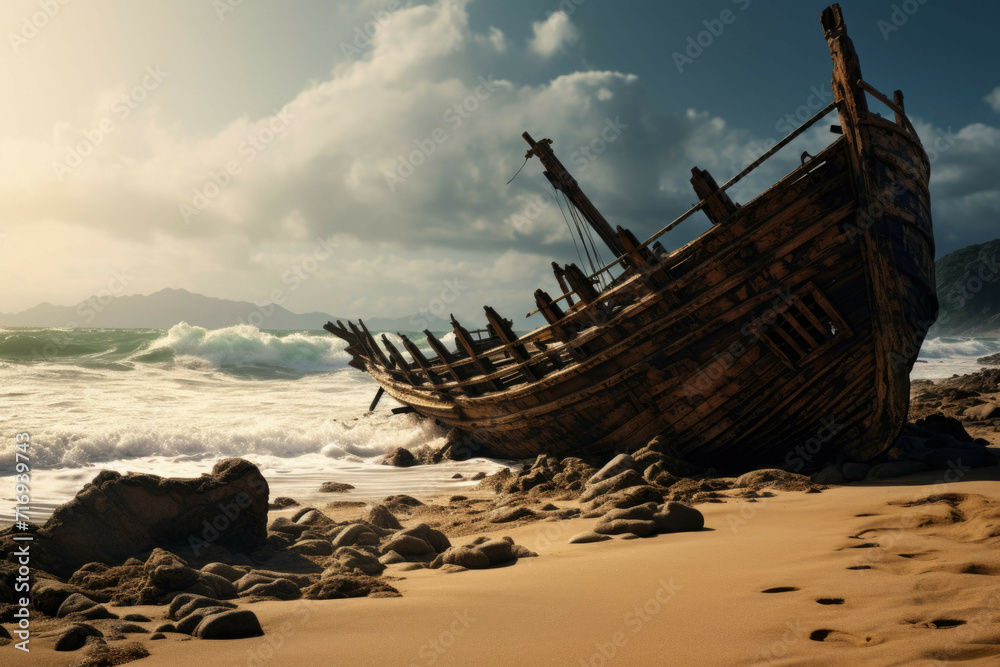 a beach with a shipwreck, with its broken and weathered hull creating a unique and dramatic scene against the backdrop of the ocean and shore