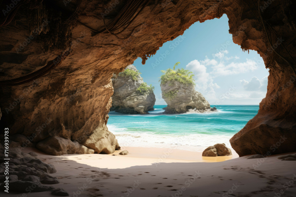 a beach with a cave, with its mysterious entrance leading to a hidden world of rock formations and crystal clear water