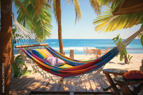 a beach with a hammock, with its colorful fabric creating a cozy atmosphere and inviting viewers to relax © Michael Böhm