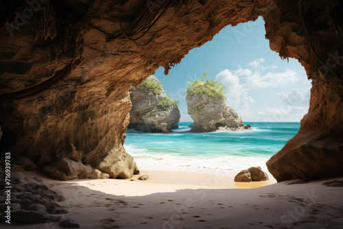 a beach with a cave, with its mysterious entrance leading to a hidden world of rock formations and crystal clear water
