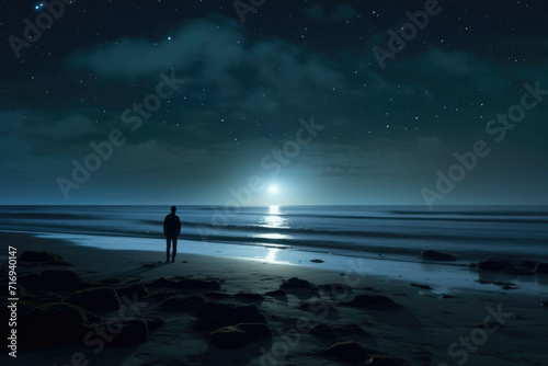 Back view of a person on a beach at night
