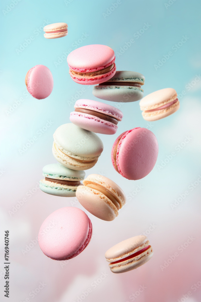 Colorful macarons floating against a soft pastel gradient background Colorful macarons floating against a soft pastel gradient background