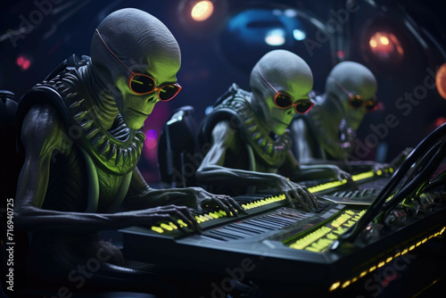 Friendly aliens playing music in spaceship.