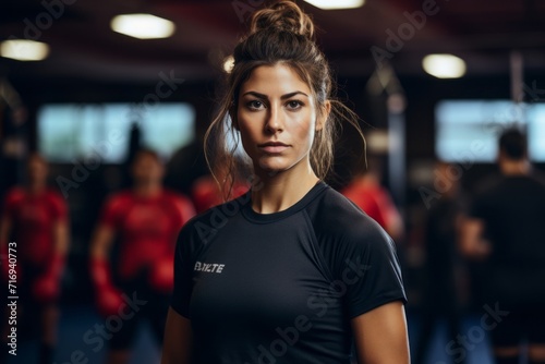 Portrait of an exhausted girl in her 30s doing a kickboxing class in a gym. With generative AI technology photo