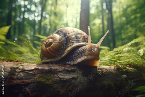 Giant snail crawling on tree trunk in forest