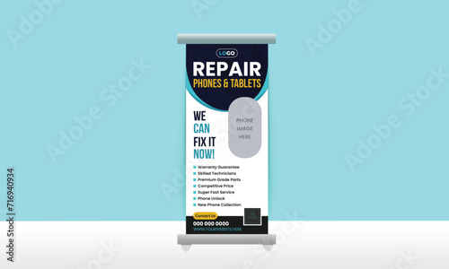 Modern rollup banner design template for repair phone, front, mobile shop, full editable, fix mobile, computer
