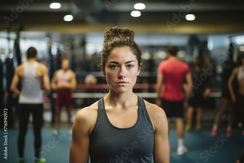 Portrait of an exhausted girl in her 30s doing a kickboxing class in a gym. With generative AI technology