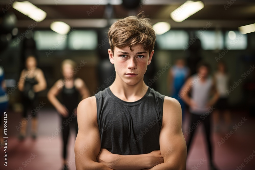 Portrait of a tired boy in his 20s doing a kickboxing class in a gym. With generative AI technology