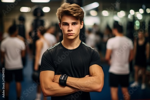 Portrait of a tired boy in his 20s doing a kickboxing class in a gym. With generative AI technology